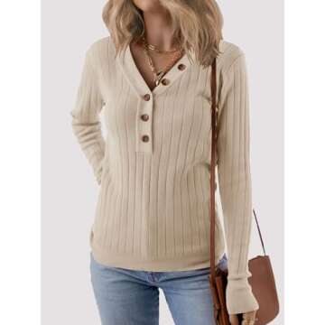 MEROKEETY Women's 2024 Long Sleeve V Neck Ribbed Button Knit Sweater Solid Color Tops
