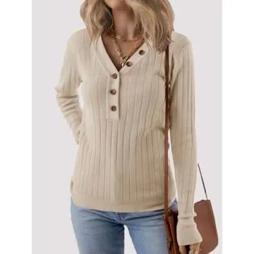 MEROKEETY Women's 2024 Long Sleeve V Neck Ribbed Button Knit Sweater Solid Color Tops
