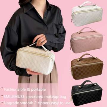 Stylish SMILEMUSE Checkered Makeup Bag for Travel