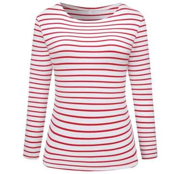 LilyCoco Womens Striped Long Sleeve Shirt Boat Neck Tops Breton Loose fit Tshirt Red White Small