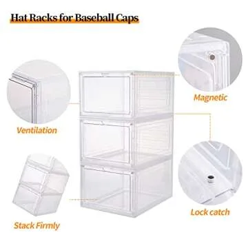 Hat Organizer for Baseball Caps,set of 6, Transparent Hat Storage Box, Hat Holder With Clear Magnetic Door, Stackable Hat Rack, Easy to Assemble Stylish Hat Display(13.5 "x 10.6" x 7.5 ")