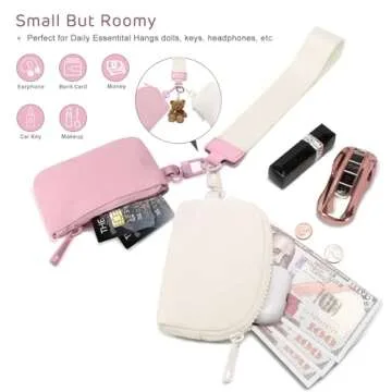 Viverte Mini Zip Around Keychain Wristlet Wallets Small Portable Dual Pounch Wristlet Detachable Coin Purse Pocket Gifts for Women Travel Sports Outdoors(Pink+Cream White)