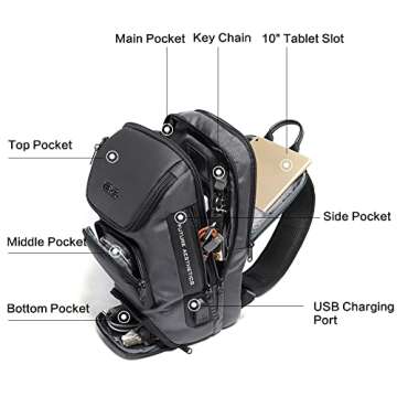 Sling Bag Shoulder Crossbody Bags for Men Women Sling Backpack with USB Charging Port Waterproof Travel Hiking Outdoor Daypacks (Gray-1)
