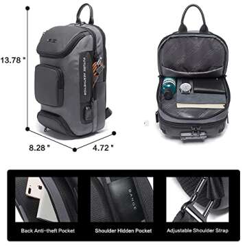 Sling Bag Shoulder Crossbody Bags for Men Women Sling Backpack with USB Charging Port Waterproof Travel Hiking Outdoor Daypacks (Gray-1)