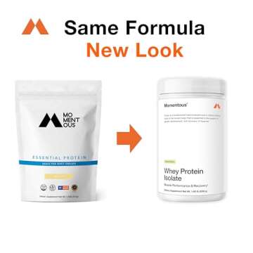 Momentous Essential Grass-Fed Whey Protein Powder - 20g Whey Isolate Protein - NSF Certified, Gluten-Free, 24 Servings for Essential Everyday Use, Vanilla (Package May Vary)