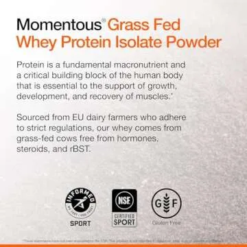 Momentous Essential Grass-Fed Whey Protein Powder - 20g Whey Isolate Protein - NSF Certified, Gluten-Free, 24 Servings for Essential Everyday Use, Vanilla (Package May Vary)