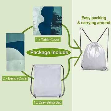 Picnic Table Cover with Bench Covers Camping Essentials Waterproof Windproof Camping Tablecloth with Drawstring Bag, Fitted Rectangle Tables and Seats, 96in, Green Blue