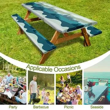 Picnic Table Cover with Bench Covers Camping Essentials Waterproof Windproof Camping Tablecloth with Drawstring Bag, Fitted Rectangle Tables and Seats, 96in, Green Blue
