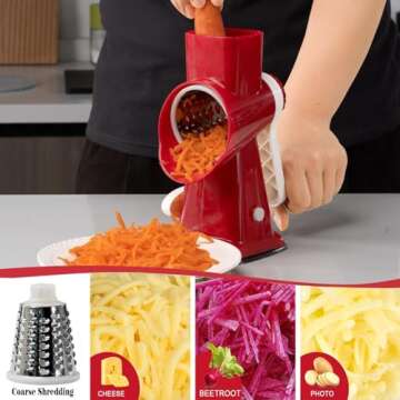 YOUCZON Cheese Grater,Rotary Cheese Grater Multi-Purpose Stainless Steel Cheese Shredder - Cheese Grater with Handle Effortless Grating of Cheese, Vegetables, and Fruits (Red)
