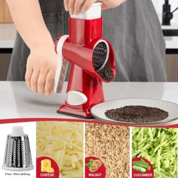 YOUCZON Cheese Grater,Rotary Cheese Grater Multi-Purpose Stainless Steel Cheese Shredder - Cheese Grater with Handle Effortless Grating of Cheese, Vegetables, and Fruits (Red)