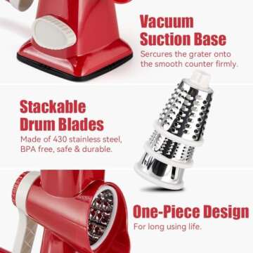 YOUCZON Cheese Grater,Rotary Cheese Grater Multi-Purpose Stainless Steel Cheese Shredder - Cheese Grater with Handle Effortless Grating of Cheese, Vegetables, and Fruits (Red)