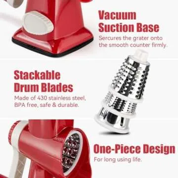 YOUCZON Cheese Grater,Rotary Cheese Grater Multi-Purpose Stainless Steel Cheese Shredder - Cheese Grater with Handle Effortless Grating of Cheese, Vegetables, and Fruits (Red)