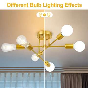 Soilsiu Modern Sputnik Chandelier Ceiling Light Fixtures, 6-Light Semi Flush Mount Ceiling Light for Bedroom Dining Room Living Room, Kitchen, Office (Gold, W:16.5",H:8")