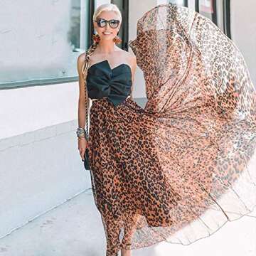 L'VOW Women's Leopard Print Skirt High Waisted A-Line Maxi Skirts Elastic Long Shirring Pleated Chee...