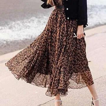 L'VOW Women's Leopard Print Skirt High Waisted A-Line Maxi Skirts Elastic Long Shirring Pleated Cheetah Skirts(Ab-Brown,M)
