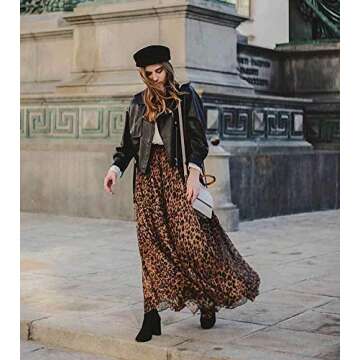 L'VOW Women's Leopard Print Skirt High Waisted A-Line Maxi Skirts Elastic Long Shirring Pleated Cheetah Skirts(Ab-Brown,M)