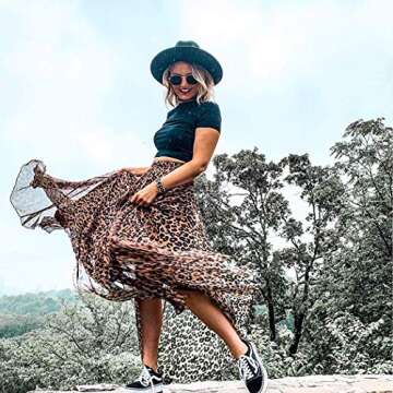 L'VOW Women's Leopard Print Skirt High Waisted A-Line Maxi Skirts Elastic Long Shirring Pleated Cheetah Skirts(Ab-Brown,M)