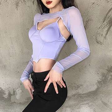 Meladyan Women's Sexy Long Sleeve Crop Top Set - Purple Large