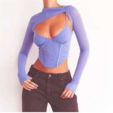 Meladyan Women's Sexy Long Sleeve Crop Top Set - Purple Large