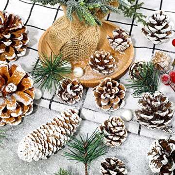 Whaline 170Pcs Christmas Pine Cones Berry Pine Branch Set Snow Pinecones Pendant White Winter Holiday Ornament for DIY Crafts Home Decorations Xmas Tree Gift Tag Party Supplies, Assorted Sizes