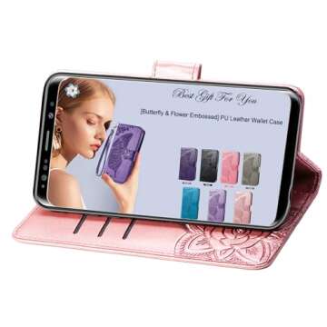 HAOTP for Samsung Galaxy S9 Phone Case Wallet,Women Flip Folio Cover Galaxy S9 Credit Card Holders Emboss Butterfly Flower PU Leather Purse Wrist Strap Kickstand Case for Samsung Galaxy S9 Rose Gold