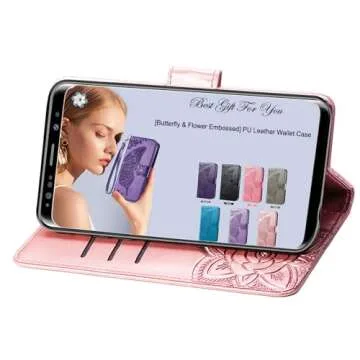 HAOTP for Samsung Galaxy S9 Phone Case Wallet,Women Flip Folio Cover Galaxy S9 Credit Card Holders Emboss Butterfly Flower PU Leather Purse Wrist Strap Kickstand Case for Samsung Galaxy S9 Rose Gold