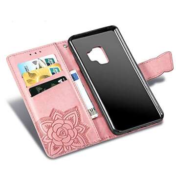 HAOTP for Samsung Galaxy S9 Phone Case Wallet,Women Flip Folio Cover Galaxy S9 Credit Card Holders Emboss Butterfly Flower PU Leather Purse Wrist Strap Kickstand Case for Samsung Galaxy S9 Rose Gold