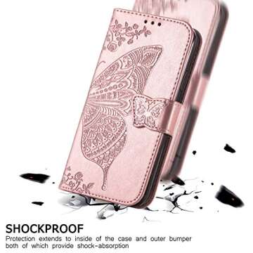 HAOTP for Samsung Galaxy S9 Phone Case Wallet,Women Flip Folio Cover Galaxy S9 Credit Card Holders Emboss Butterfly Flower PU Leather Purse Wrist Strap Kickstand Case for Samsung Galaxy S9 Rose Gold