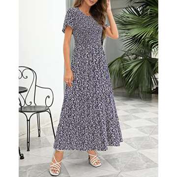 Kranda Women's Summer Short Flutter Sleeve Round Neck Navy Floral Smocked Maxi Dress M
