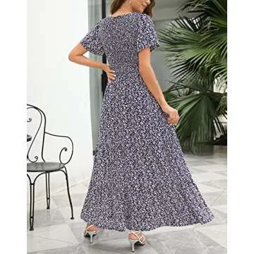 Kranda Women's Summer Short Flutter Sleeve Round Neck Navy Floral Smocked Maxi Dress M