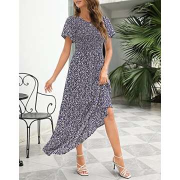 Kranda Women's Summer Short Flutter Sleeve Round Neck Navy Floral Smocked Maxi Dress M