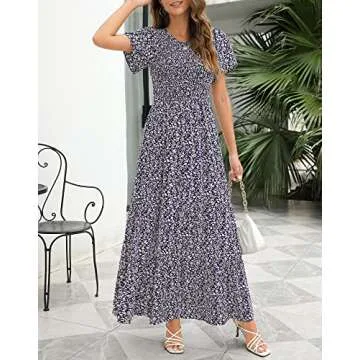 Kranda Women's Summer Short Flutter Sleeve Round Neck Navy Floral Smocked Maxi Dress M