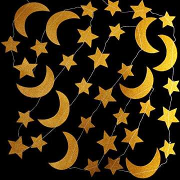 Glitter Gold Twinkle Stars Crescent Paper Garlands Hanging Decorations Honey Moon Wedding Engagement Favors Baby Shower Birthday Christmas Party Table Centerpieces Decorations, 29ft