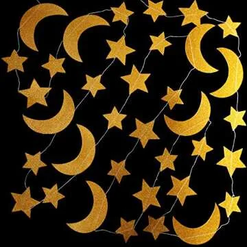 Glitter Gold Twinkle Stars Crescent Paper Garlands Hanging Decorations Honey Moon Wedding Engagement Favors Baby Shower Birthday Christmas Party Table Centerpieces Decorations, 29ft