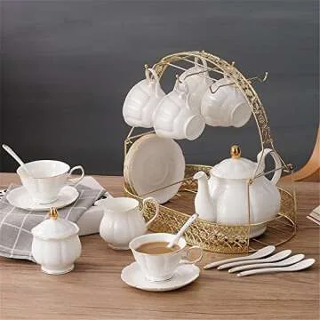 ufengke 15 Pieces Simple White English Ceramic Tea Sets,Tea Pot,Bone China Cups with Metal Holder Ma...