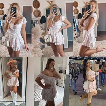 Murimia Women's Off Shoulder V-Neck Floral Wide Leg Jumpsuits Layered Ruffle Hem Short Rompers, 05_Pink, Medium