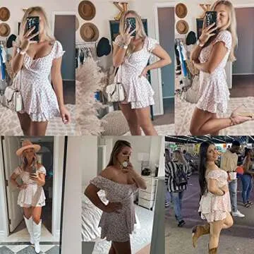 Murimia Women's Off Shoulder V-Neck Floral Wide Leg Jumpsuits Layered Ruffle Hem Short Rompers, 05_Pink, Medium