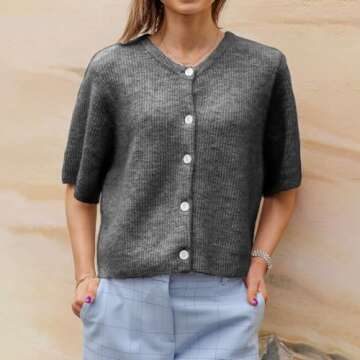 Women Y2k Knitted Crop Cardigan Short Sleeve Button Up Rib Knit Solid Color Cute Sweater Shirt (US, Alpha, Large, Regular, Regular, Dark Grey)
