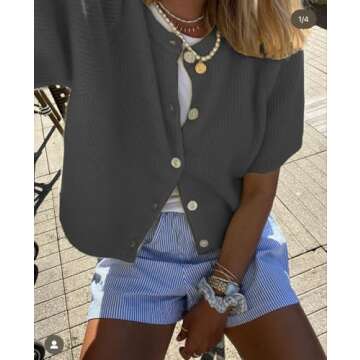 Women Y2k Knitted Crop Cardigan Short Sleeve Button Up Rib Knit Solid Color Cute Sweater Shirt (US, Alpha, Large, Regular, Regular, Dark Grey)