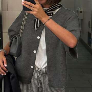 Women Y2k Knitted Crop Cardigan Short Sleeve Button Up Rib Knit Solid Color Cute Sweater Shirt (US, Alpha, Large, Regular, Regular, Dark Grey)