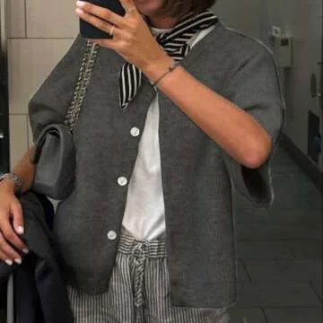 Women Y2k Knitted Crop Cardigan Short Sleeve Button Up Rib Knit Solid Color Cute Sweater Shirt (US, Alpha, Large, Regular, Regular, Dark Grey)