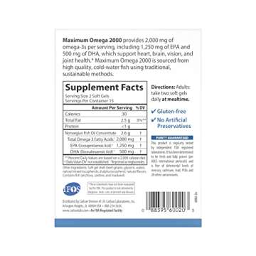 Carlson - Maximum Omega 2000 Grab + Go Packs, 2000 mg Omega-3s, Wild-Caught, Norwegian Fish Oil Supplement, Sustainably Sourced Fish Oil Capsules, Lemon, 30 Softgel Pack