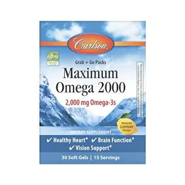 Carlson - Maximum Omega 2000 Grab + Go Packs, 2000 mg Omega-3s, Wild-Caught, Norwegian Fish Oil Supplement, Sustainably Sourced Fish Oil Capsules, Lemon, 30 Softgel Pack