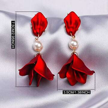 ANDPAI Chic Elegant Boho Red Rose Petal Dangle Resin Earrings - Long Drop Acrylic Tiered Matte Flowe...