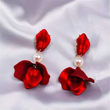 Elegant Chic Boho Red Rose Petal Dangle Earrings