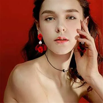 Elegant Chic Boho Red Rose Petal Dangle Earrings