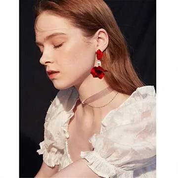 Elegant Chic Boho Red Rose Petal Dangle Earrings