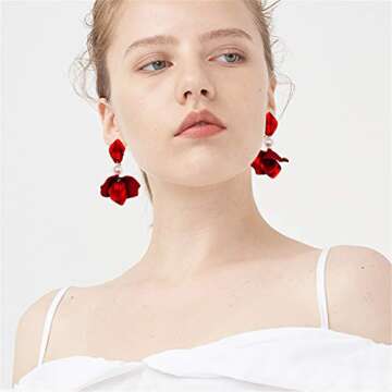 ANDPAI Chic Elegant Boho Red Rose Petal Dangle Resin Earrings - Long Drop Acrylic Tiered Matte Flower Earrings - Statement Exaggerated Floral Tassel Earrings for Women (Red 1)