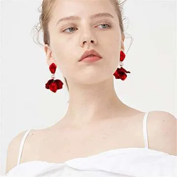 Elegant Chic Boho Red Rose Petal Dangle Earrings