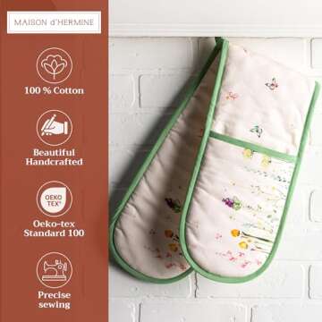 Maison d' Hermine Double Cooking Gloves 100% Cotton Double Oven Mitt 7"x35" with Hanging Loop, Heat ...